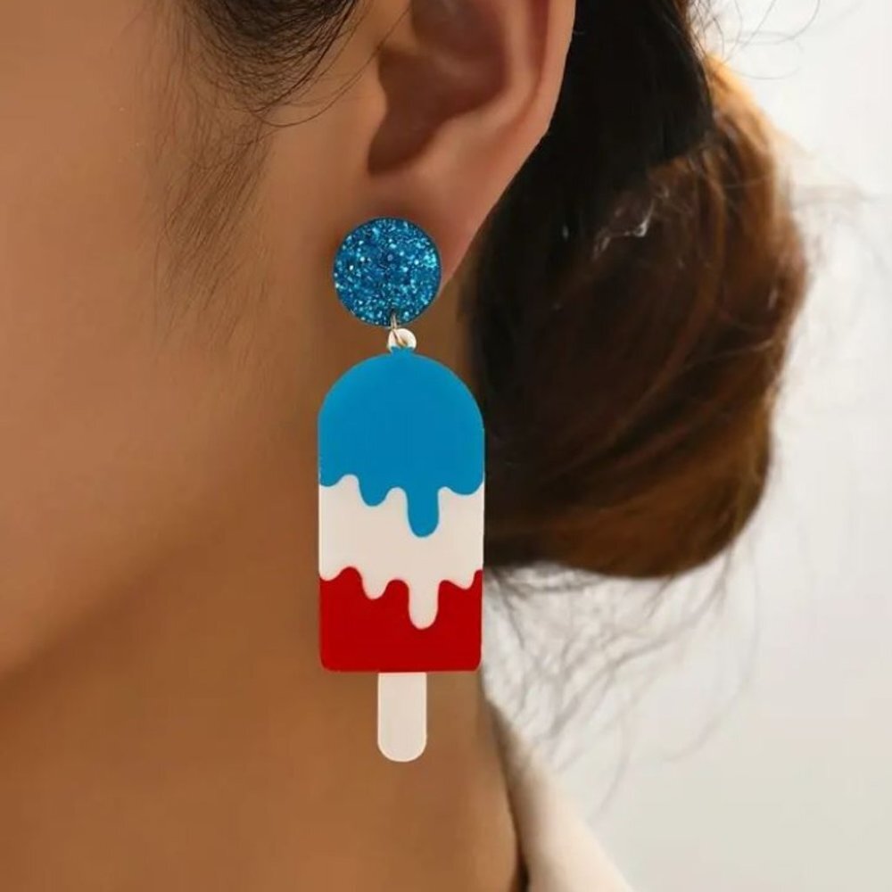 NEW Red White Blue Popsicle Chunky Bold Statement Earrings USA Pierced